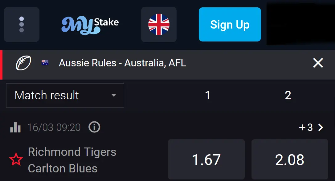 AFL betting slip with odds for Richmond Tiger vs Carlton Blues game